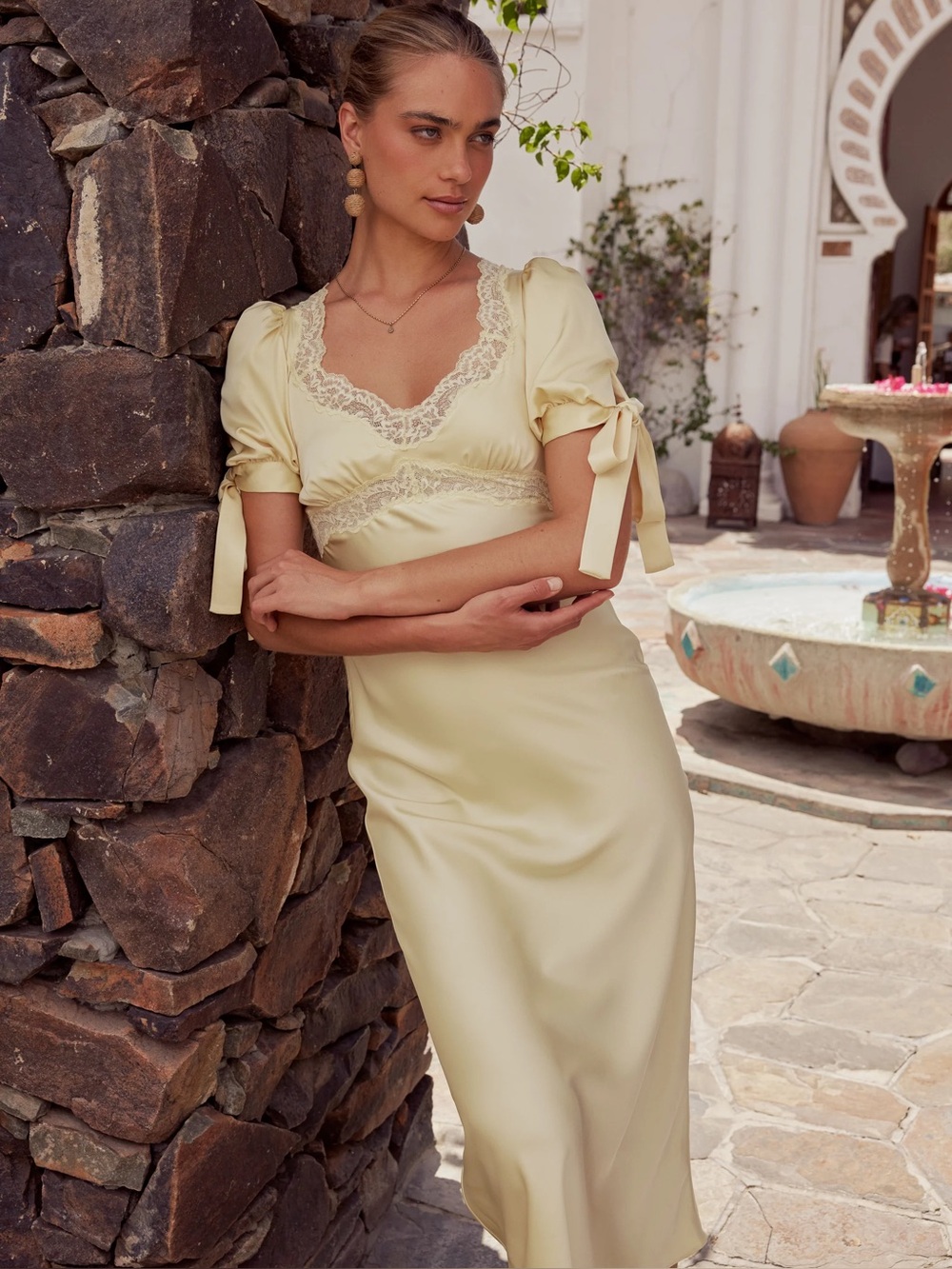 Satin Lace-Trim Chemise in Pale Yellow